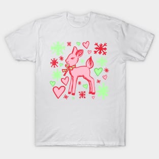 Retro Baby Deer in Red and Green with Hearts and Snowflakes T-Shirt